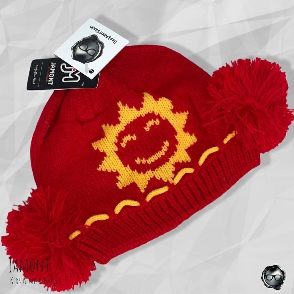 DOUBLE-POUF NORDIC WINTER SKI HAT BEANIE FOR KIDS IN SUNVALLEY RED